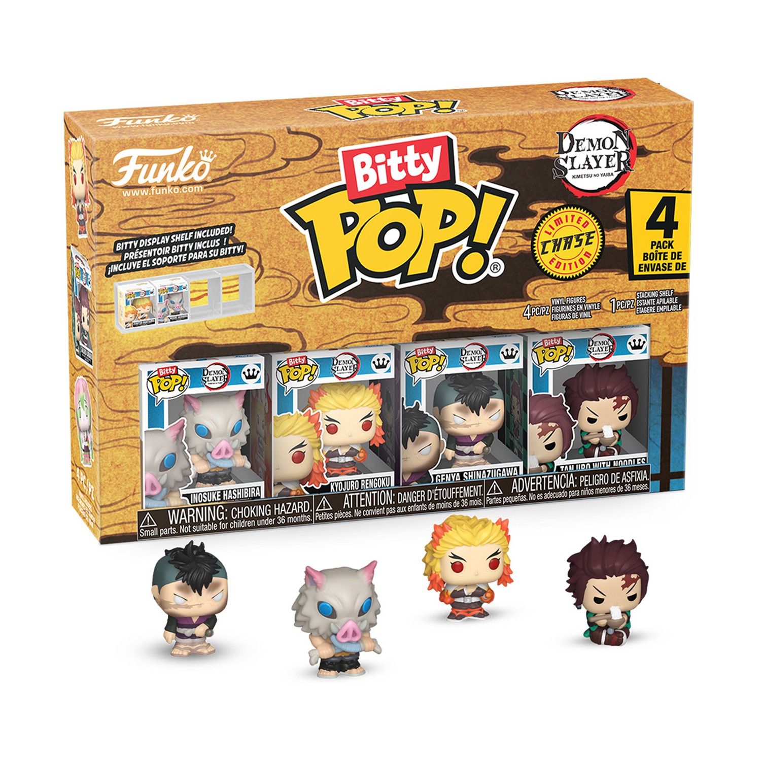 Funko Bitty Pop! 4-Pack: Demon Slayer- Inosuke Hashibira - Kyojuro Rengoku - Genya Shinazugawa - Tanjiro with Noodles* Vinyl Figures
