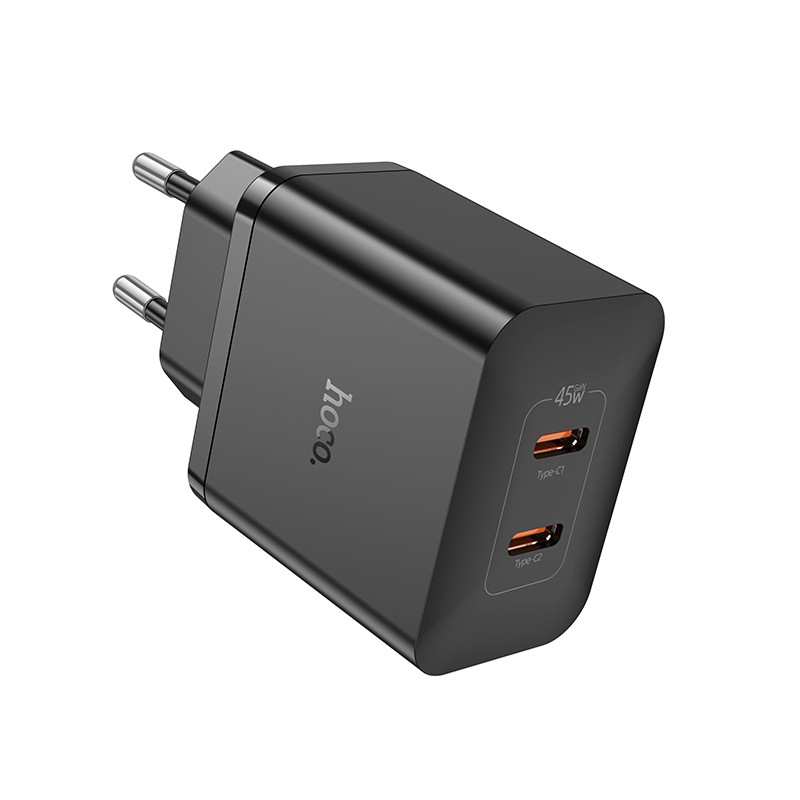 Φορτιστής Ταξιδίου Hoco N35 Streamer με 2 Εξόδους Φόρτισης USB-C PD45W GaN Tech Μαύρος