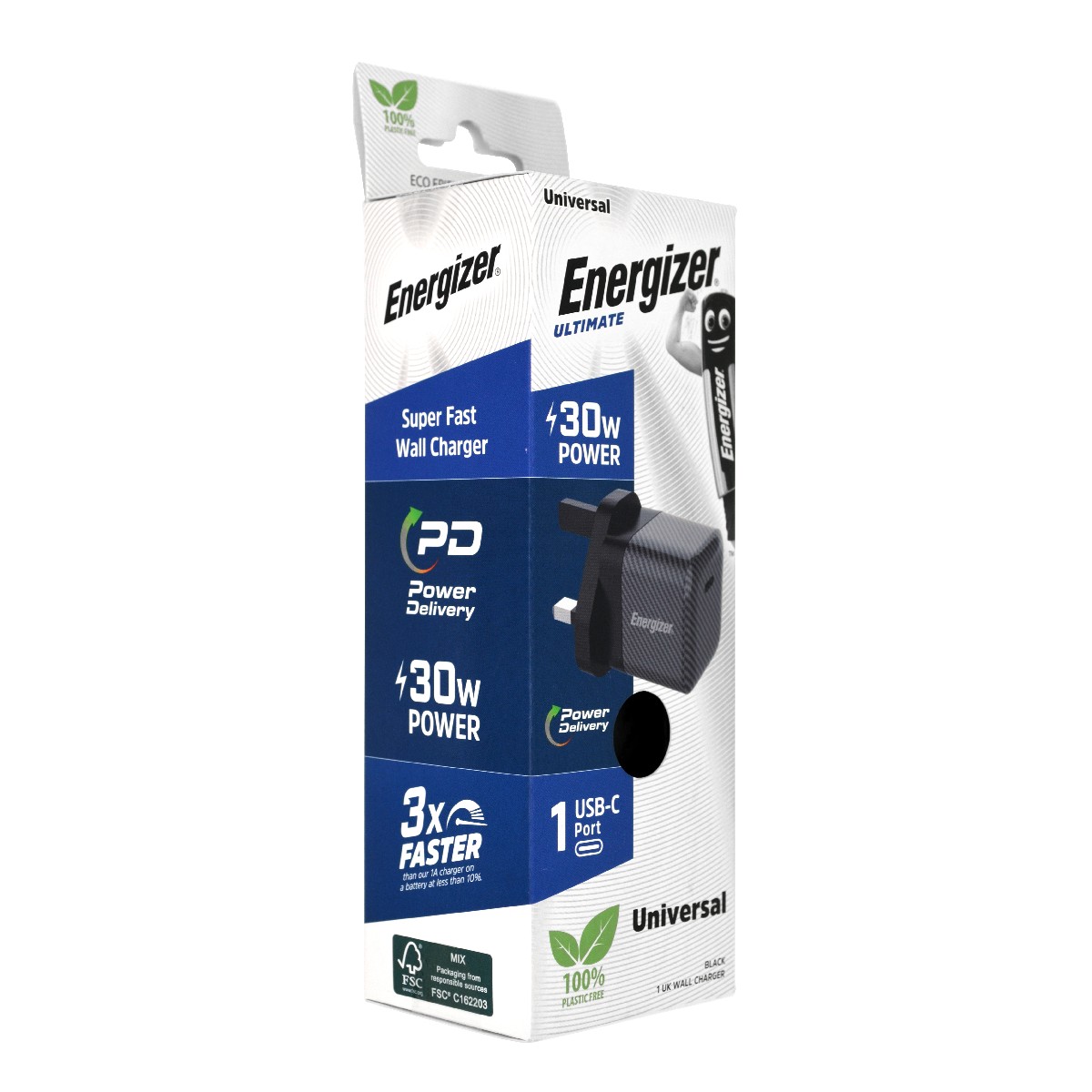 Φορτιστής Ταξιδίου Energizer Fast Charge με USB-C 30W  Μαύρος με UK Plug