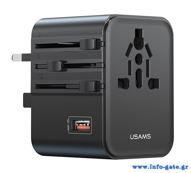 USAMS φορτιστής/αντάπτορας πρίζας CC309, USB & 2x USB-C, universal, 25W, μαύρος