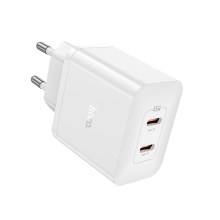 Φορτιστής Ταξιδίου Hoco N35 Streamer με 2 Εξόδους Φόρτισης USB-C Συνολικά PD45W GaN Tech Λευκός
