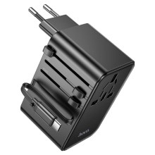 Φορτιστής Ταξιδίου Hoco AC18 Universal Converter US EU AU UK με 2xUSB 1xUSB-C και Ενσωματομένο Καλώδιο USB-C PD35W QC3.0 Μαύρο