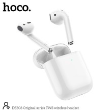 Wireless Hands Free Hoco. DES03 Plus TWS V5.0  350mAh και 3h Ώρες Λειτουργίας Λευκά με Μαύρο Silicon Sleeve