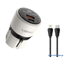 LDNIO φορτιστής τοίχου Q2319 με καλώδιο Lightning, EU/UK/US/AU βύσμα, USB/USB-C, 30W, γκρι