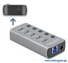 DELOCK USB hub 63263 με διακόπτες, 6x θυρών, 5Gbps, 12V/2.25A PD, γκρι