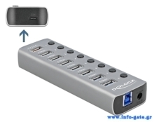 DELOCK USB hub 63264 με διακόπτες, 9x θυρών, 5Gbps, 12V/2.25A PD, γκρι