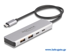DELOCK USB hub 64230, 4x θυρών, 10Gbps, USB-C σύνδεση, γκρι