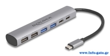 DELOCK USB hub 64232, 6x θυρών, 10Gbps, USB-C σύνδεση, γκρι