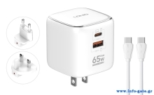 LDNIO φορτιστής τοίχου Q2617 με καλώδιο USB-C, EU/UK/US βύσμα, USB/USB-C, 65W, GaN, λευκός