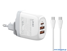 LDNIO φορτιστής τοίχου A3511Q με καλώδιο, USB-C/2x USB, 65W, GaN, λευκός