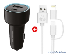 POWERTECH φορτιστής αυτοκινήτου με καλώδιο MFi USB σε micro USB/Lightning BNDL-0207, USB & USB-C, 85W, μαύρο/λευκό