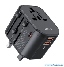 USAMS φορτιστής/αντάπτορας πρίζας US-CC179, USB-C & 2x USB, universal, 20W, μαύρος
