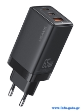 USAMS φορτιστής τοίχου US-CC180, USB & 2x USB-C, 65W PD, GaN, μαύρος