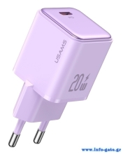 USAMS φορτιστής τοίχου US-CC183, USB-C θύρα εξόδου, 20W PD, μωβ