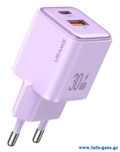 USAMS φορτιστής τοίχου US-CC189, USB & USB-C, 30W PD, μωβ