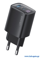 USAMS φορτιστής τοίχου US-CC229, USB & USB-C, 30W, GaN, μαύρος