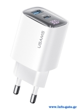 USAMS φορτιστής τοίχου US-CC229, USB & USB-C, 30W, GaN, λευκός