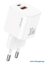 USAMS φορτιστής τοίχου CC263, USB & USB-C, 30W, GaN, λευκός