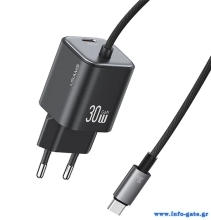 USAMS φορτιστής τοίχου CC264 με καλώδιο, USB-C, 30W, GaN, μαύρος