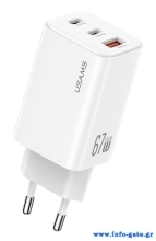 USAMS φορτιστής τοίχου CC265, USB & 2x USB-C, 67W, GaN, λευκός