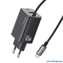 USAMS φορτιστής τοίχου CC266 με καλώδιο, USB & USB-C, 65W, GaN, μαύρος
