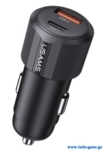 USAMS φορτιστής αυτοκινήτου CC283, USB & USB-C, 60W, μαύρος