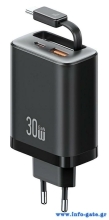 USAMS φορτιστής τοίχου CC296 με καλώδιο, USB & USB-C, 30W, μαύρος