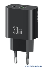 USAMS φορτιστής τοίχου CC317, USB & USB-C, 33W, GaN, μαύρος