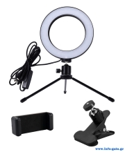 CABLETIME φωτιστικό δαχτυλίδι LED CT-LRL6-PB με μίνι τρίποδα & σφιγκτήρα, βάση smartphone, Φ16cm