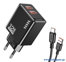 KAKUSIGA φορτιστής τοίχου KSC-1238 με καλώδιο USB-C, 2x USB, 12W, μαύρος