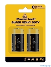POWERTECH μπαταρίες Zinc Carbon Super Heavy Duty PT-1221, R14 1.5V, 2τμχ