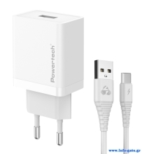 POWERTECH φορτιστής τοίχου PT-1322 με καλώδιο USB-C, USB, 12W, λευκός