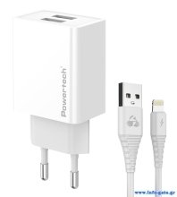POWERTECH φορτιστής τοίχου PT-1325 με καλώδιο Lightning, 2x USB, 12W, λευκός
