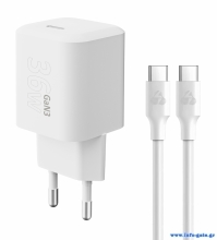 POWERTECH φορτιστής τοίχου PT-1350 με καλώδιο, USB-C, 36W, GaN, λευκός