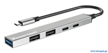 POWERTECH USB hub PT-1414, 5x θυρών, USB 3.2, 5Gbps, 100W, USB-C σύνδεση, γκρι