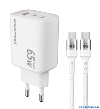 POWERTECH φορτιστής τοίχου PT-1415 με καλώδιο, USB/2x USB-C, 65W, GaN, λευκός