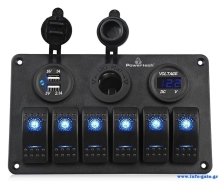 POWERTECH πάνελ σκαφών & οχημάτων PTL-020, πρίζα 12V/2x USB/6x διακόπτες