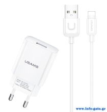 USAMS φορτιστής τοίχου T21OCLN01 με καλώδιο Lightning, USB 2.1A, λευκός