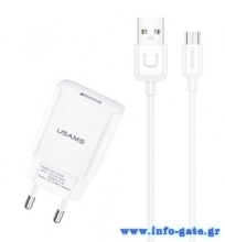 USAMS φορτιστής τοίχου T21OCMC01 με καλώδιο Micro USB, USB 2.1A, λευκός