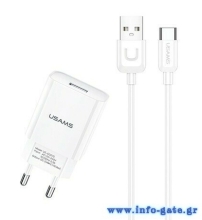 USAMS φορτιστής τοίχου T21OCTC01 με καλώδιο USB-C, USB 2.1A, λευκός